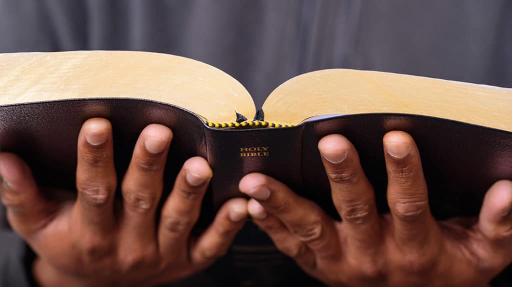 Man's hands holding out the bible and reading the word.