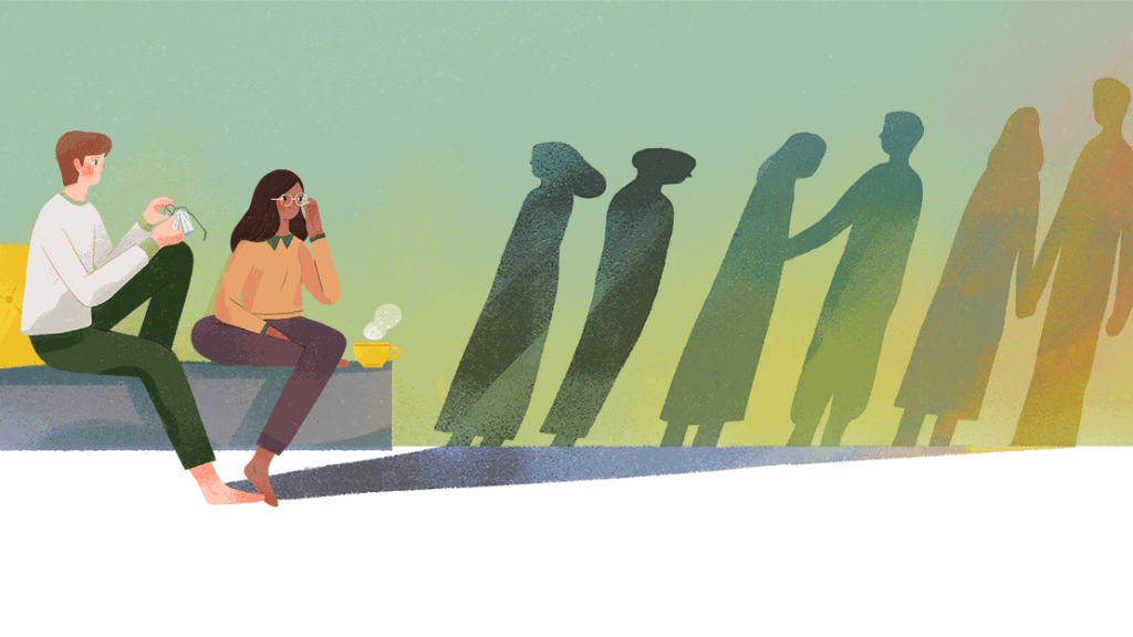 Misreading Your Spouse - Illustration of a couple looking at different shadows of themselves.