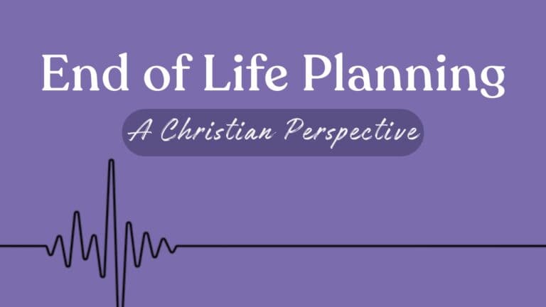 "End of Life Planning | Christian Perspective" cover image with title =, purple background, and image of a flatline